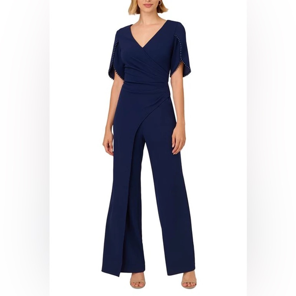 Adrianna Papell Pearl Trim Tulip-Sleeve Draped Jumpsuit